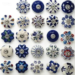 Handcrafted Pottery Cabinet Knobs, Colorful Blue Ceramic Drawer Pulls, Handmade Wooden Dresser Knobs for Kitchen Cupboard Bathroom, Decorative Cabinet Hardware for Chest of Drawers, Assorted 25-Pack