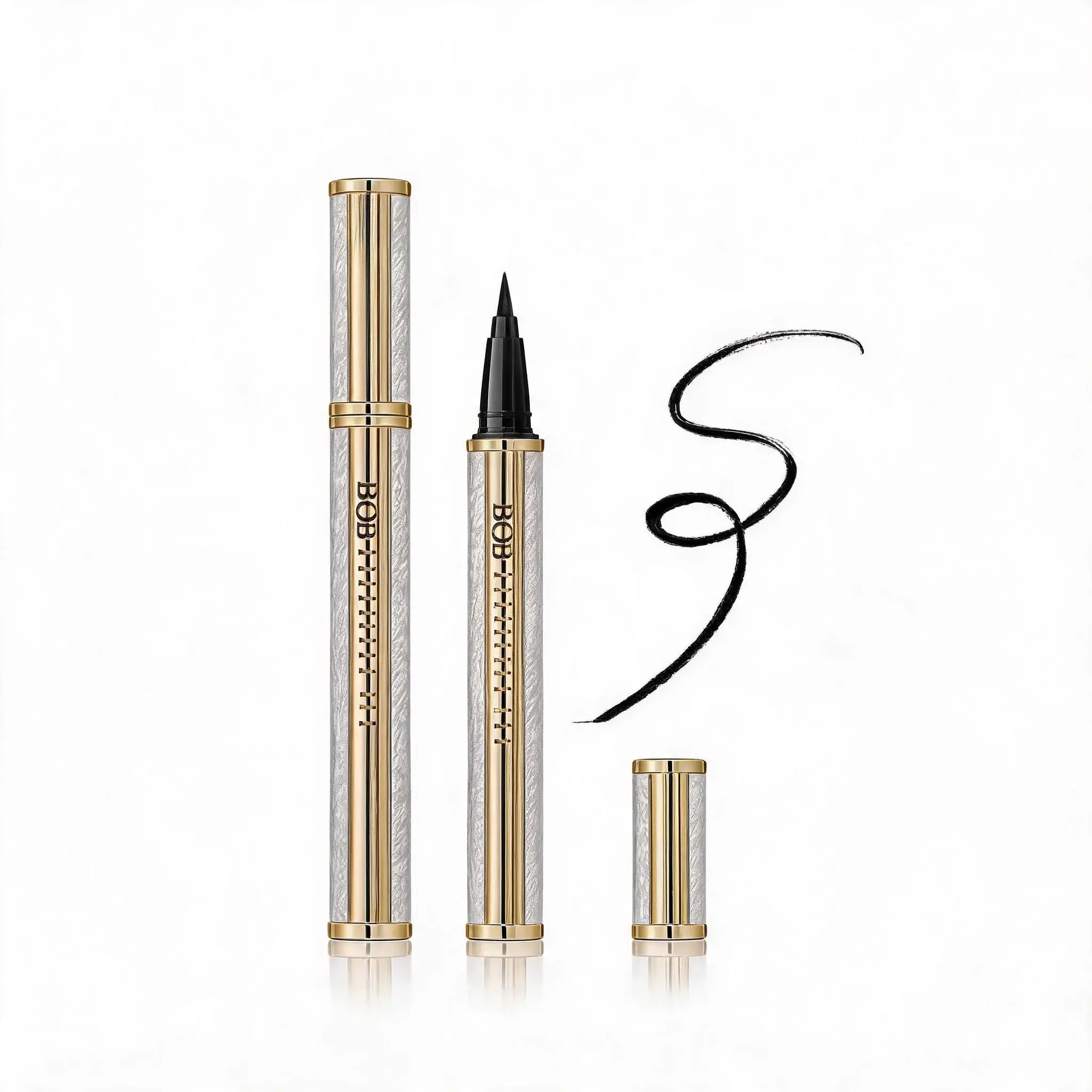 BOB PROFESSIONAL Ultra-Fine Tip Black Liquid Eyeliner Pen - Gold & Clear Design, Waterproof, Smudge-Proof, Long-Lasting, Quick-Dry Matte Formula for Everyday Cat Eye & Natural Makeup Looks