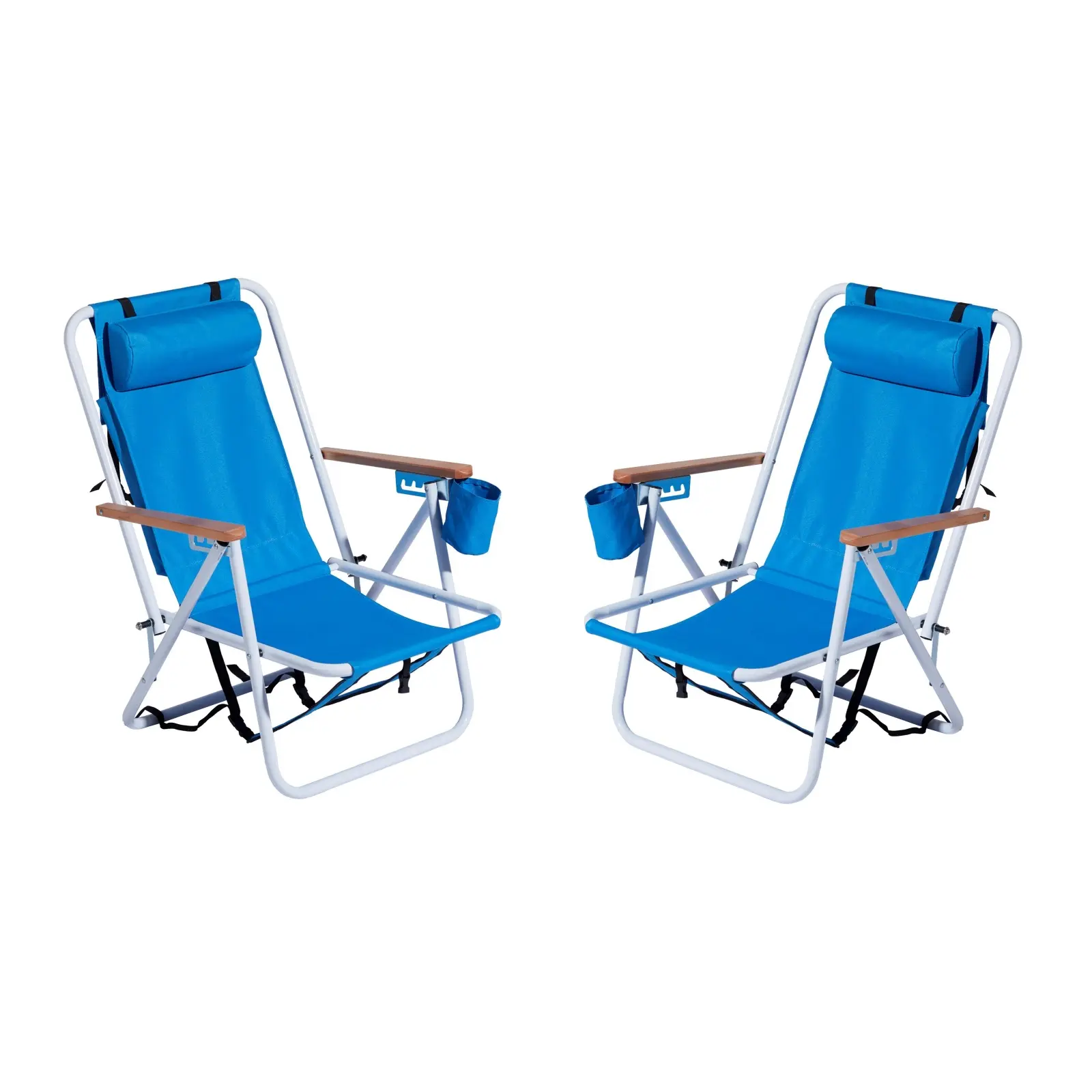 2-Pack Camping Foldable Outdoor Reclining Chairs - 4-Position Recline, Backpack Portable Travel Chair, Wooden Armrests, Cup Holder, for Adults, Camping Folding Chair