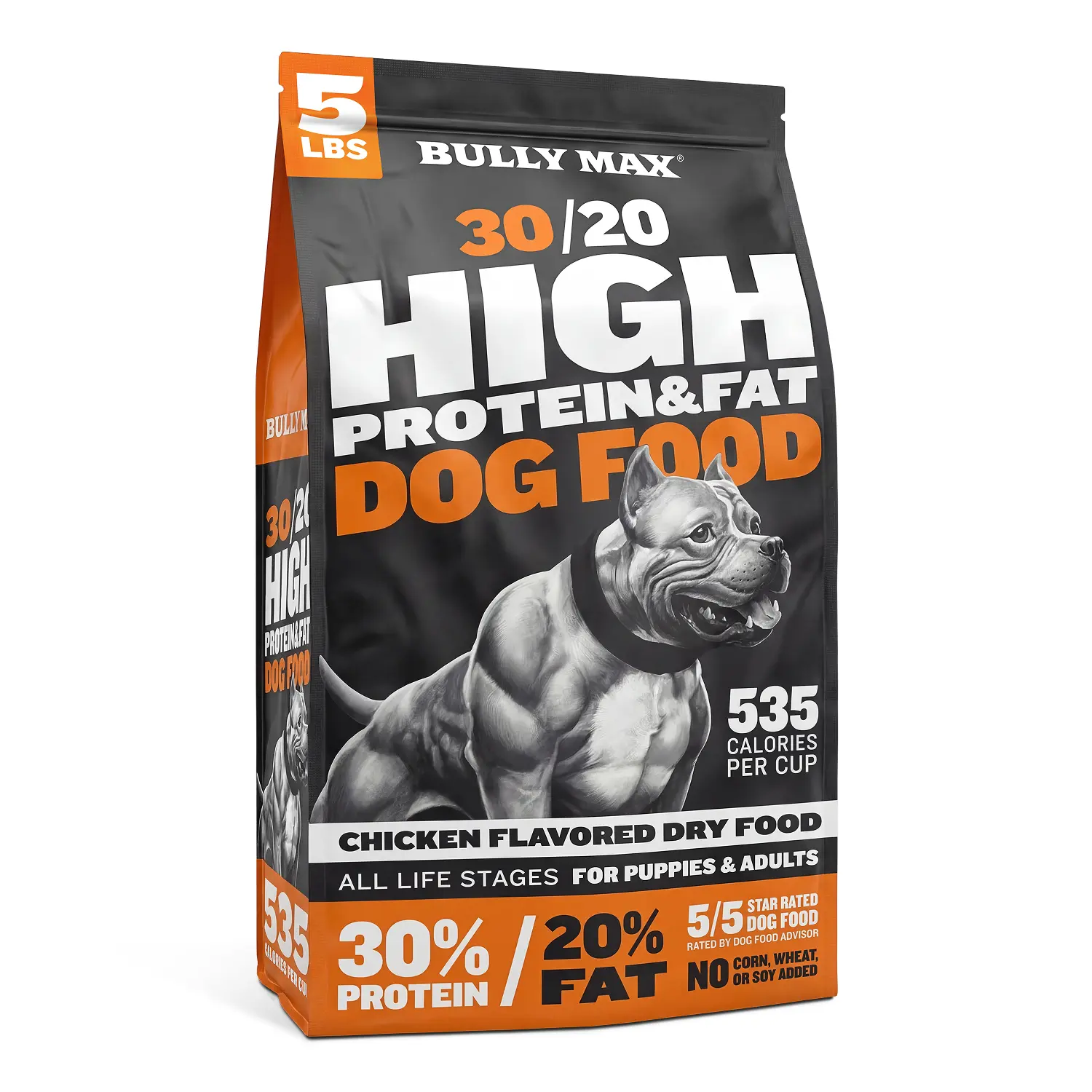 Bully Max 30/20 High Protein Dog Food - 5 lb Chicken - For Growth Performance & Over - 535 Calories Per Cup - Meat-Based Formula - 30% Protein 20% Fat - All Life Stages