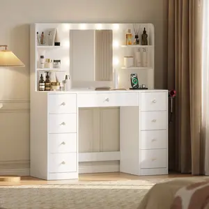 [Summervibes] Must-Have Vanity Desk with Mirror Lights | 9 Drawers, 6 Shelves & Power Outlet - 3 Color Modes 10 LED Bulbs Dressing Table, Perfect Gift for Daughter, Wife & Mom