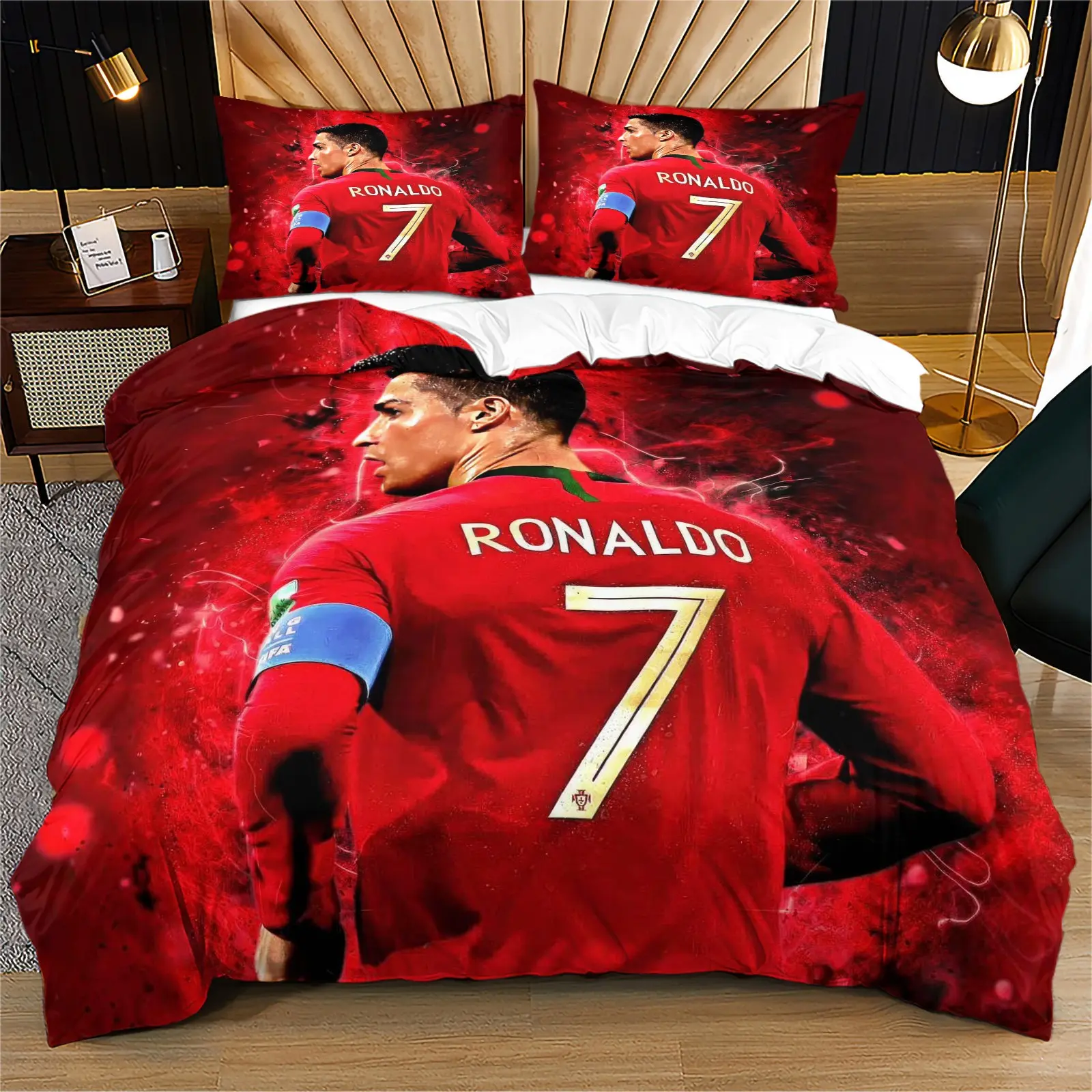 Portugal #7 Soccer Theme Printed Bedding Set, 1 Duvet Cover & 1/2 Pillowcases, Vibrant & Breathable Fabric, Ideal for Game Room, Bedroom, Fan Cave Decor