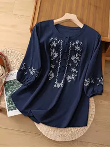 Plus Size Women's Ethnic Embroidered Shirt, Casual Long Sleeve Button Front Blouse, Fall & Winter Fashion Top for Ladies