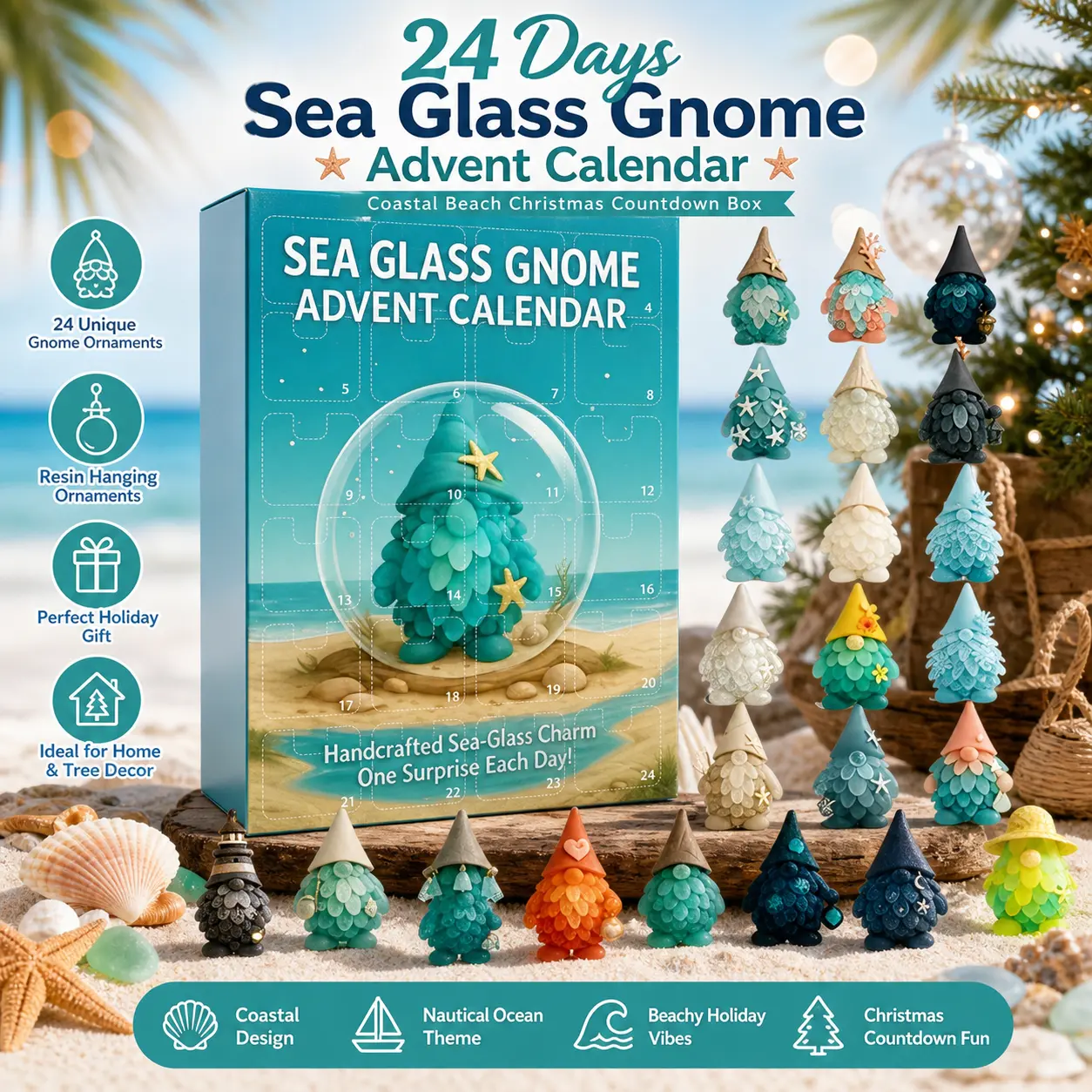 24 Days Sea Glass Gnome Advent Calendar, Coastal Beach Christmas Countdown Box With 24 Resin Hanging Gnome Ornaments, Nautical Ocean Holiday Surprise Gift Box For Home Tree Decor