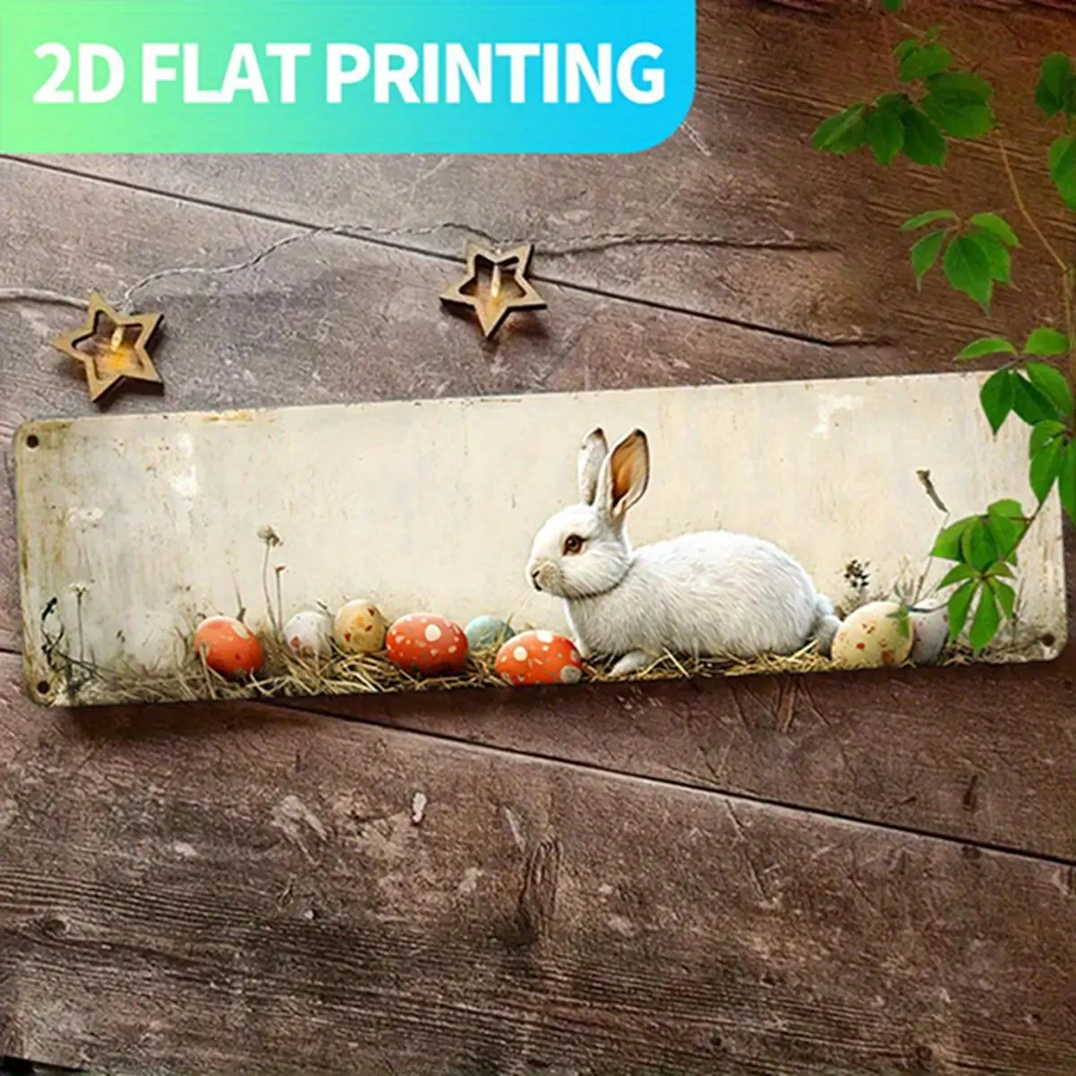 1pc Vintage Rabbit Print Aluminum Wall Sign - Neutral Beige-Brown Farmhouse Easter Bunny with Eggs, Lightweight 15.7x3.9in Decoration, Pre-Drilled Easy-Hang Holes, 1-Piece Animal Wall Decor for Living Areas Bar Gift