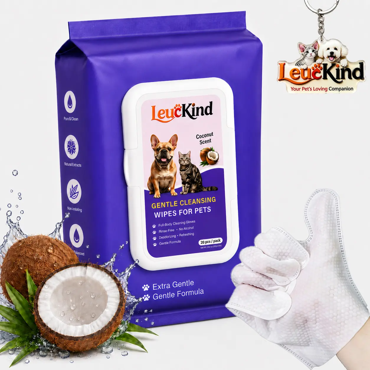 LeucKind 20pcs Disposable Glove Wipes for Cats & Dogs, Wet Wipes Gloves for Pet Grooming, Hypoallergenic Cleaning Wipes for Paws, Fur & Sensitive Areas       products quick bathing reels hair removal puppy gentle campingessentials