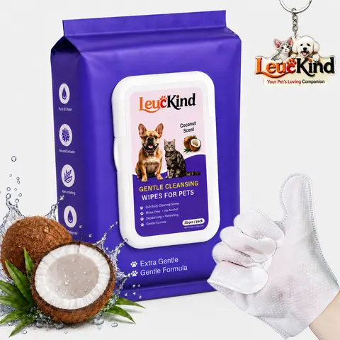 LEUCKIND 20pcs Disposable Pet Grooming Gloves Multi-Pack for Cats & Dogs - Hypoallergenic Wet Wipes for Paws, Sensitive Areas, Dry Cleaning, Quick Fur Removal, Gentle Bath Use, Less Hand Contact, Grooming Products