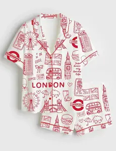 London Icons London British Landmarks Travel Journal Short Sleeve Satin Pajama Set, British Landmarks Pjs Party Bridal, London Gift For Team