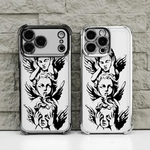 Black Angel Cupid God of Love Sacred Pattern Four Corner Anti-Fall Phone case for iPhone Galaxy 18Pro Max 17 Air 16Plus 15 14 13 12 11 XR XS S26 S25 S24 S23 S22 cases,Transparent cover, Non-Yellowing, Shockproof Soft silicone, Gifts for girls.JL60
