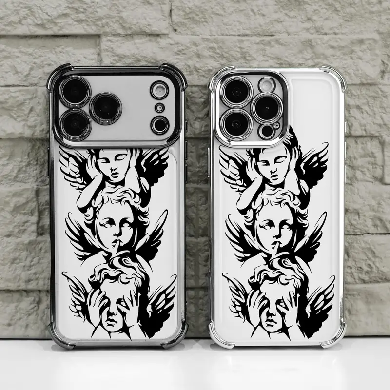 Black Angel Cupid God of Love Sacred Pattern Four Corner Anti-Fall Phone case for iPhone Galaxy 18Pro Max 17 Air 16Plus 15 14 13 12 11 XR XS S26 S25 S24 S23 S22 cases,Transparent cover, Non-Yellowing, Shockproof Soft silicone, Gifts for girls.JL60