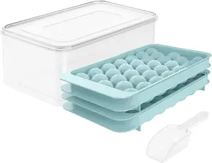 WIBIMEN  2 Pack 33 Cavity 1IN Round Ice Cube Tray with Lid & Bin, Perfect for Freezer, Ice Cube Molds for Whiskey & Drinks Kitchenware Containers Box Plastic Utensils Silicone Home