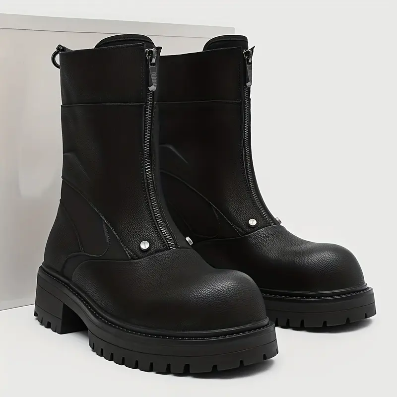 Men's Alternative Style Biker Boots, Mid-Calf Gothic PU Leather Footwear with Front Zipper, Chunky Platform Lug Sole and Round Toe, Punk Style, Retro Style
