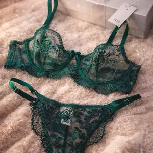 Floral 2pc Lingerie Set - Green Lace Bra & Thong with Embroidered Detailing and Adjustable Straps