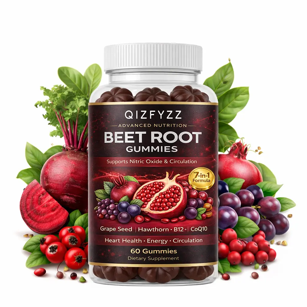 Natural Beet Root Gummy Chew Daily Dietary Supplement with CoQ10, Grape Seed, Vitamins C, B12, B3 - Nitric Oxide Booster for Circulation, Energy - 60 Pieces