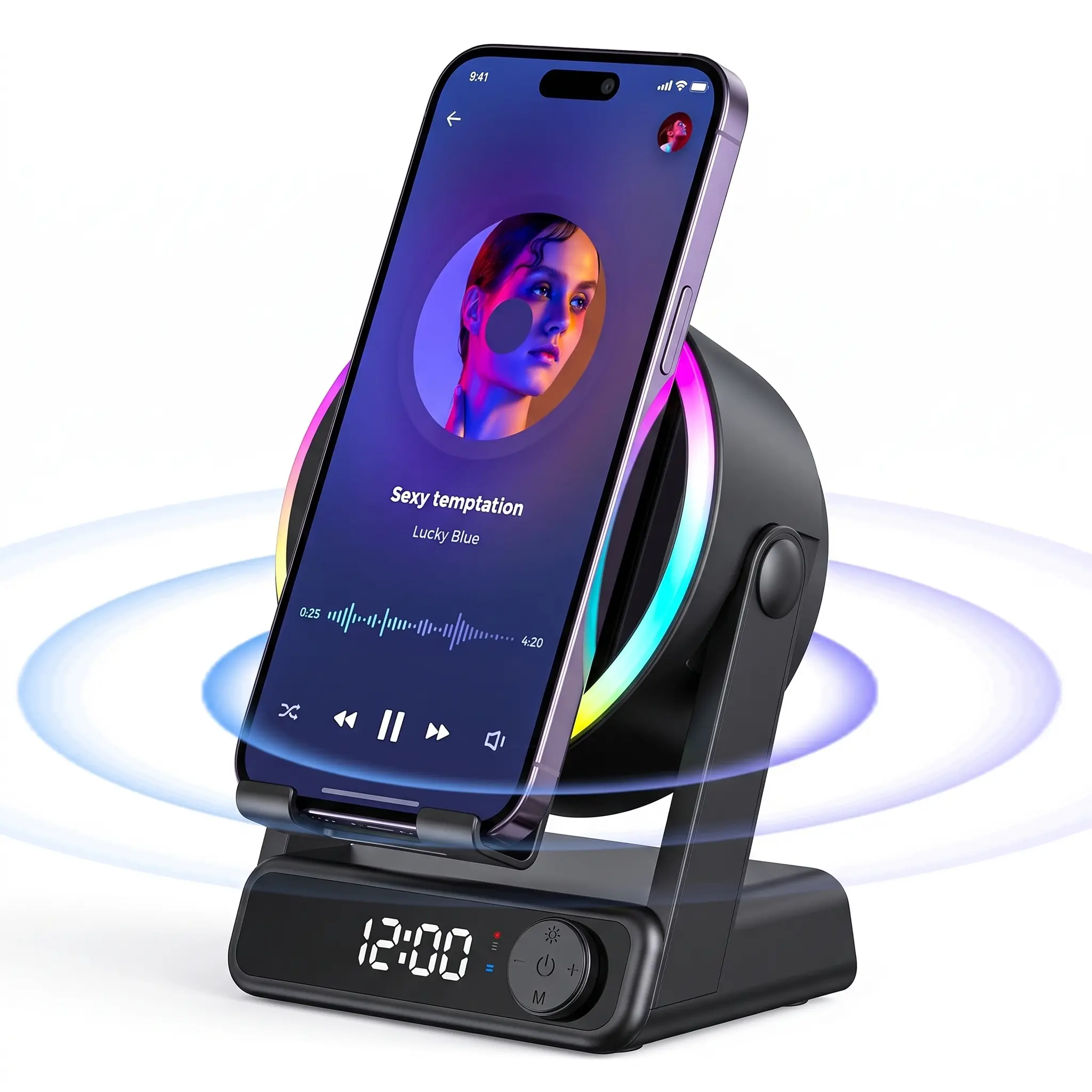 MFHHFM 5-in-1 Cordless Wireless Induction Audio Gadget - Phone Stand, Bluetooth Speaker, Clock, RGB LED Night Light, Phone Amplifier Device for iPhone, iPad (Batteries-Powered), Portable Speakers