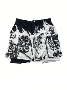 Men's Regular Fit Skull Print 2 in 1 Gym Fitness Shorts, Casual Breathable Quick Drying Graphic Shorts for Outdoor Running Gym Workout, Menswear, Breathable Printed Shorts