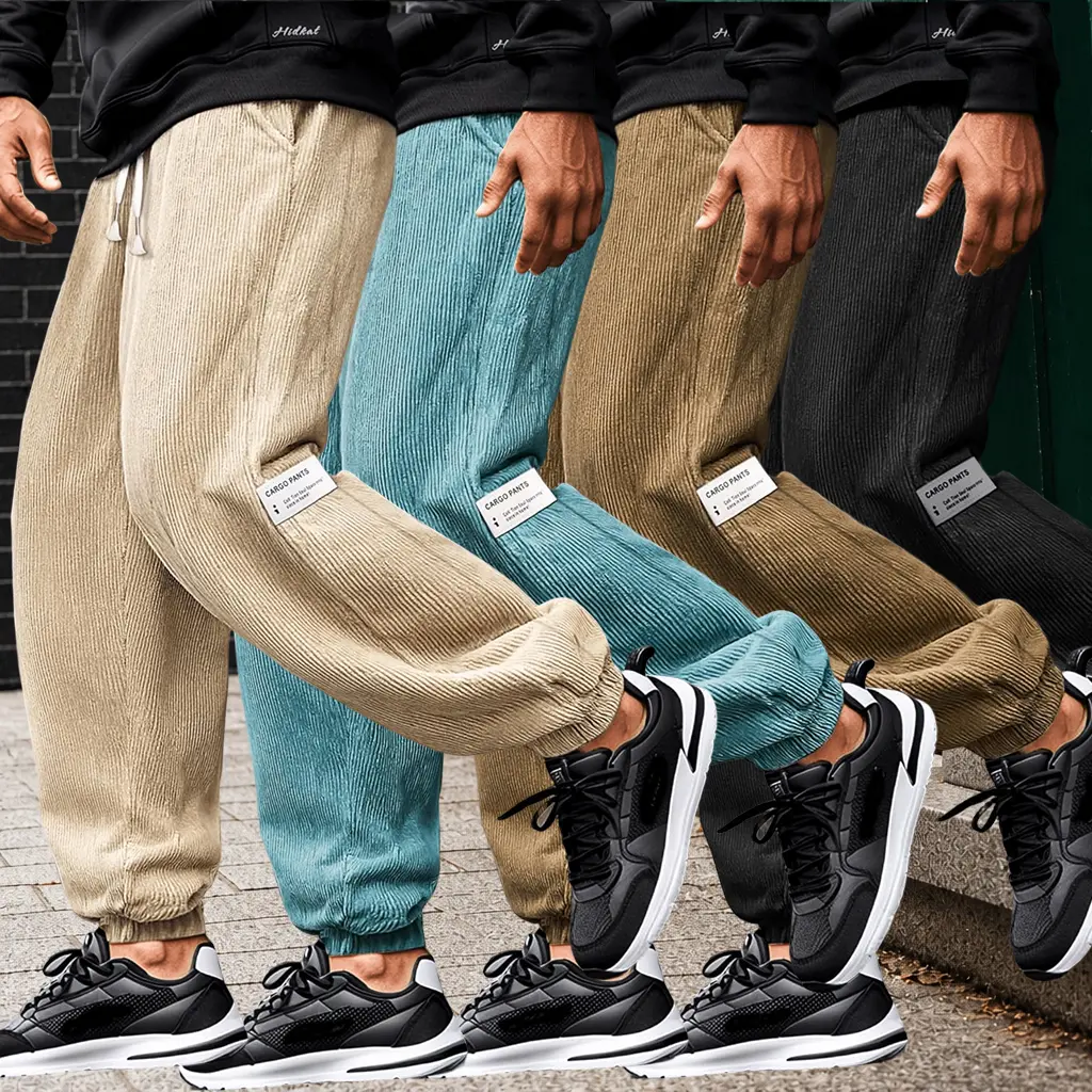 Men’s Vintage Polyester Plain Loose-Fit Corduroy Jogger Cargo Trousers for Autumn/Winter, Elastic Drawstring Waist, Distinctive Side Tags, Tapered Cuffs, Streetwear, Commuting