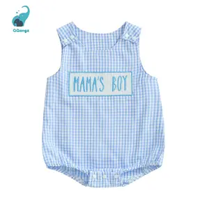 Baby Boy Summer Romper Overalls Letter Embroidery Plaid Print Sleeveless Round Neck Jumpsuit