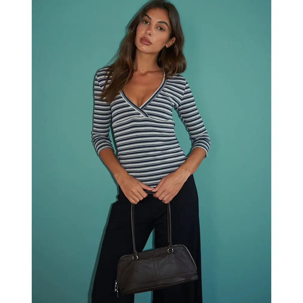 MOTEL Silea Top in Jersey Stripe Navy and Grey