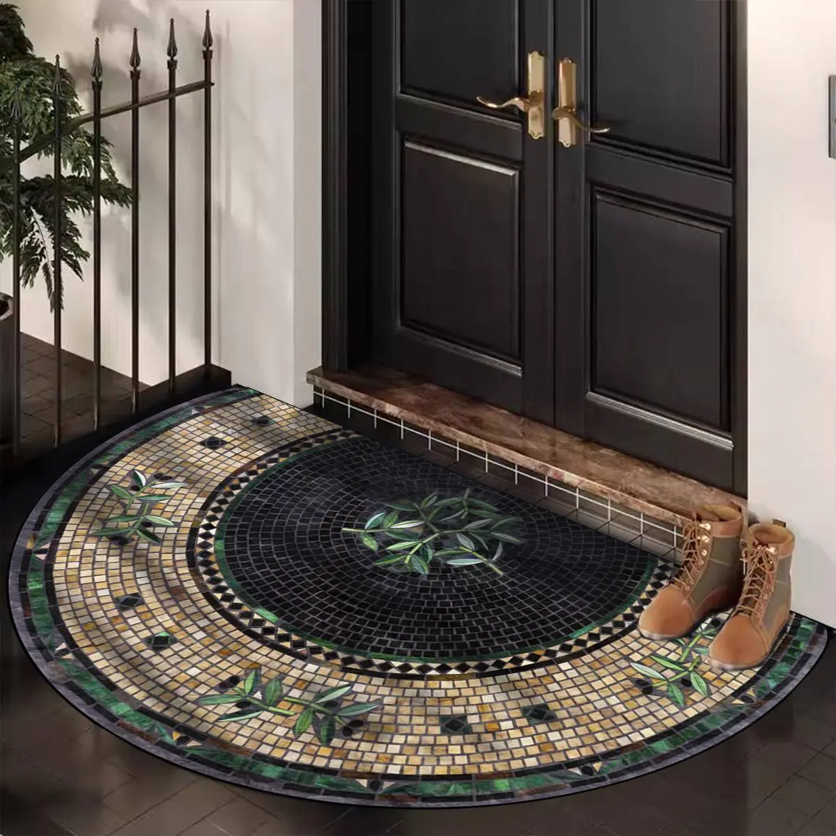 1 piece semicircular doormat, Vintage Polyester Fiber Rug, retro tile design, entryway floor mat suitable for indoor and outdoor, easy to clean and wear-resistant, decorative indoor entrance mat, Durable Decorative Mat
