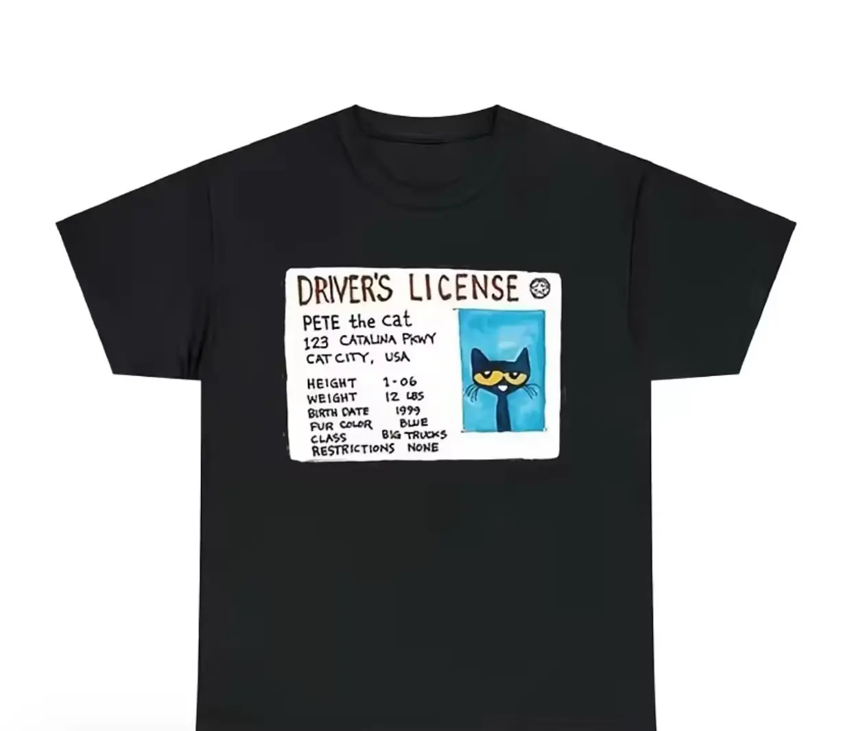 Pete the Cat driver's license T-shirt, fun Pete the Cat T-shirt, children's picture book pattern T-shirt, 100% cotton casual top, multiple colors available, Pete the Cat driver's license pattern T-shirt, Pete the Cat fan T-shirt