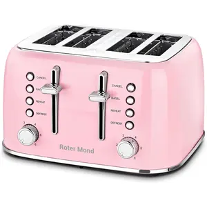 Toaster 4 Slice Retro Steel with Extra Wide Slots Bagel, Defrost, Reheat Function, Dual Independent Control Panel, Removable Crumb Tray, 6 Browning Levels, Pink