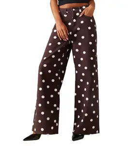 Women's Casual High-Waisted Stretch Polka Dot Straight-Leg Jeans with Pocket, High Waisted Retro Style Jeans, casual and versatile, vintage burgundy