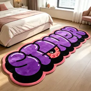 Cool Graffiti Letter Bedside Rug, Street Style Bedroom Mat, Soft Comfortable Cut Pile, Hand Wash Only, Home Decor