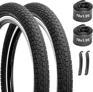 Kids Bike Tires and Tubes Set: 2-Pack 16x1.95/20x2.125 Inch Folding Bicycle Tires, Puncture-Resistant Inner Tubes Schrader Valve Rubber Material