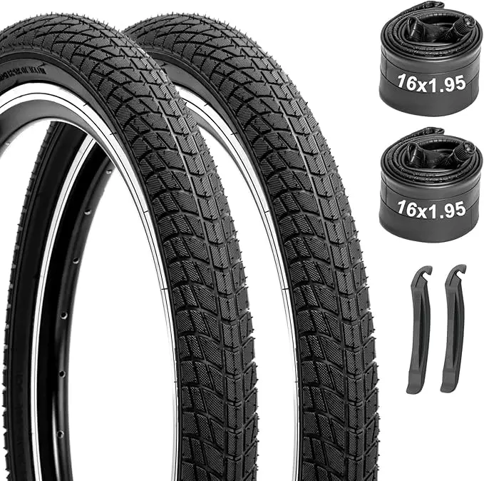 Kids' Bike Tire and Tube Set 16x1.95 Inch, High Quality Folding 2-Pack Kit with Levers, Block Pattern for Traction & Shock Absorption, Replacement for Kids' BMX & Mountain Bike, Folding Bicycle Tires, Maintenance, Grip, 2 Tire Levers