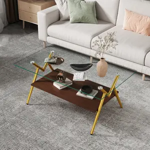 2 Tier Glass Coffee Table, 38.6" Mid-Century Modern Coffee Table with Clear Glass Top & Storage Shelf, Rectangle Gold Coffee Center Cocktail Tea Tables with Storage for Living Room,Small Space