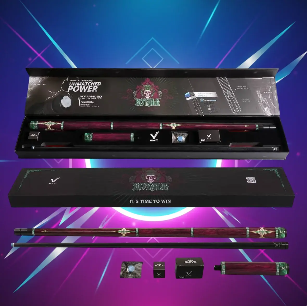 EVO Royale Maxbing Edition - Garnet Crest Luxury Pool Cue Set with Glassfiber Shaft, Carbon-Glass Butt, TIME 3 12.5mm Tip, 6 in Extension, Glove and Chalk - Royal Power and Elite Control