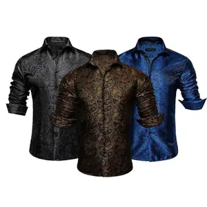 3 Pack Luxury Formal Casual Men Paisley Floral Anti-Wrinkle Dress Breathable Anti-Wrinkle Slim Long Cufflinks Cotton Cloth Men Shirt Business Top Wedding Party Menswear Gamis Brown + Blue + Black Tropical