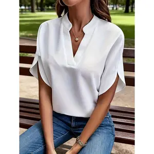Women's Summer Casual Solid-color V-neck Loose-fitting Shirt - Elegant And Formal Blouse For Women