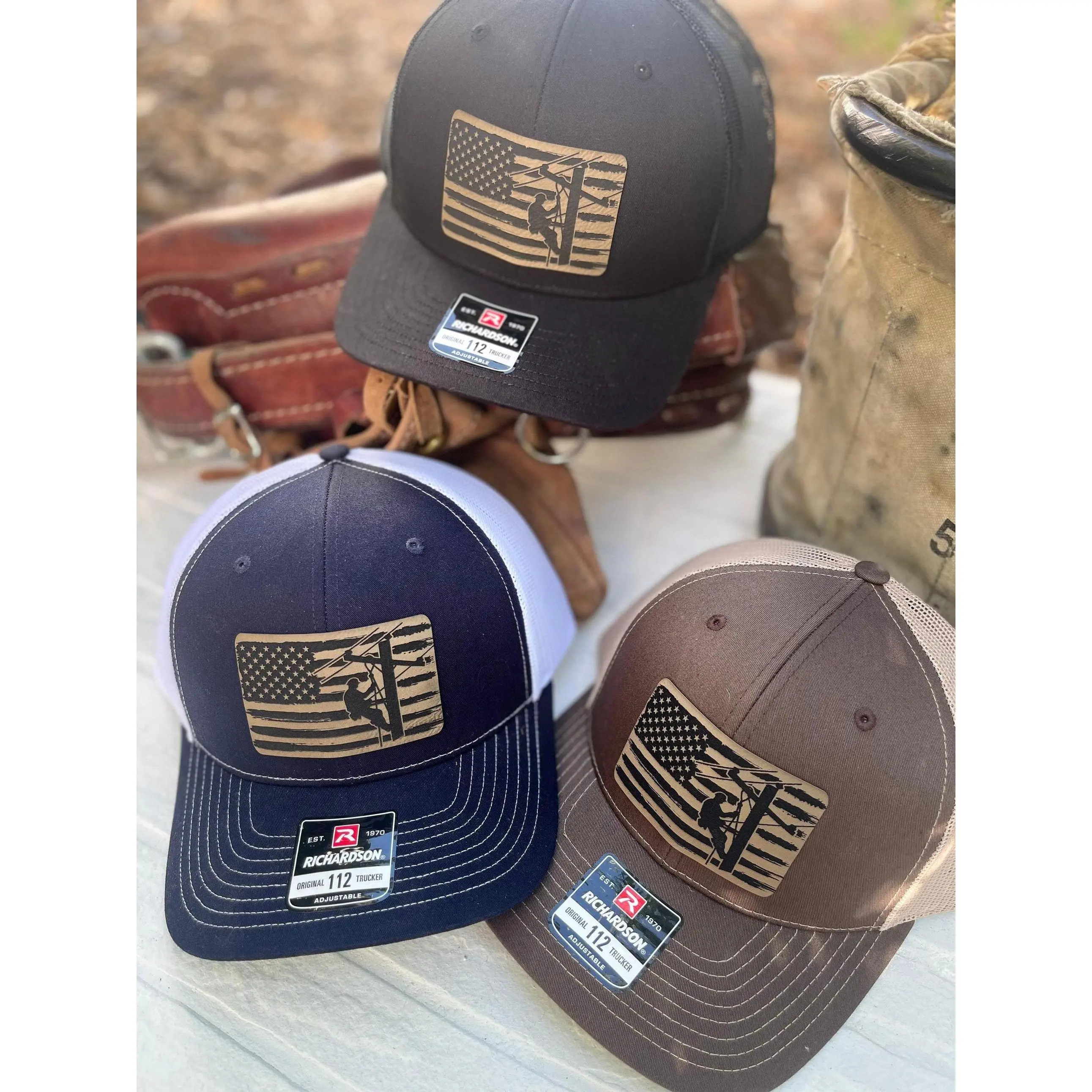 Lineman Flag Leather Patch Hat - Richardson 112 SnapBack Cap