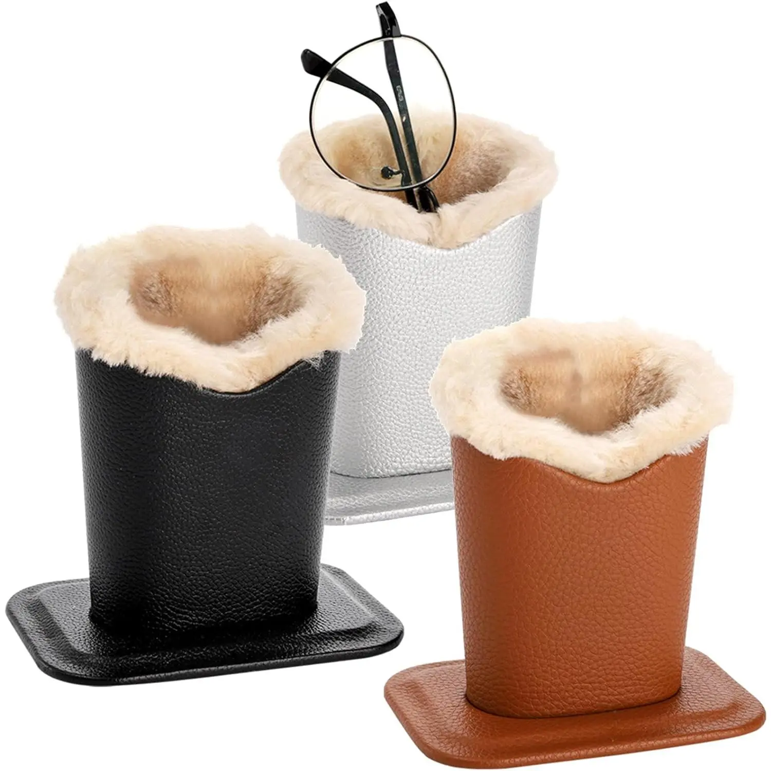 3-Pack PU Leather Eyeglass Holder Stand, Plush-Lined Modern Organizer for Desk, Nightstand, Vanity - Unique Christmas & Birthday Gift Accessories