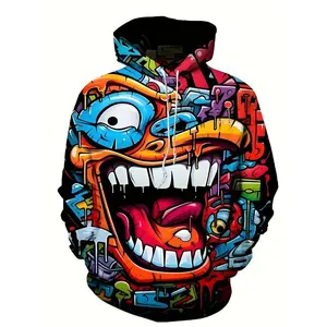 Plus Size Men's Fashion Hoodie, Long Sleeve Casual Sporty Style Fancy Abstract Hiphop Face Print Hooded Sweatshirt Knit Tops