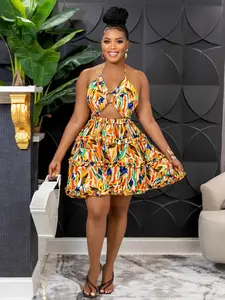 Women's Floral Print Cut Out Frill Trim Halter Neck Tie Back A Line Dress, Summer Outfits, Casual Backless Short Dress for Holiday Vacation, Lady Summer Clothes, Casual Wear