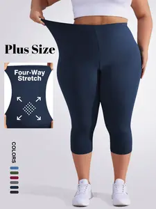 Plus Size Women's 3/4 Leggings, Stretchy Design, Elastic, Soft Fabric, Suitable for Summer Wear, Solid Color Style for Comfort and Style