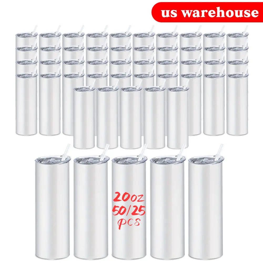25/50 Pack 20oz (500-1000ml) Straight Leak-Proof Sublimation Blank Surface Insulated Stainless Steel Tumblers, Wholesale Customizable Kitchenware Drinkware Containers with Lid & Plastic Straw, Portable Durable Beverage Holders with Quick Delivery, 25 Or 5
