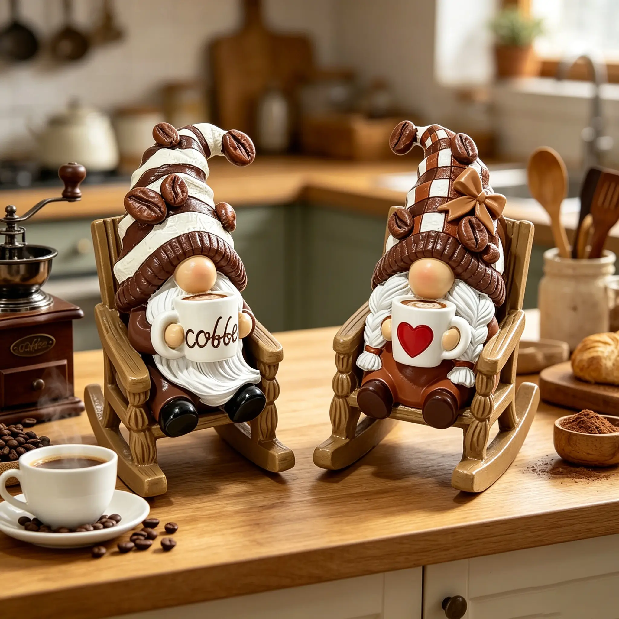 Sangeren 2Pcs Coffee Gnome Resin Figurine Set, Rocking Chair Coffee Bean Gnome Statue, Farmhouse Rustic Tiered Tray Decor, Cute Coffee Bar Ornament, Perfect Housewarming Gift for Coffee Lovers