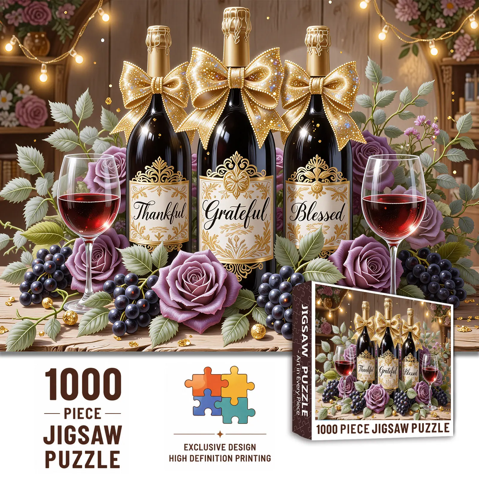 Walarky Wine and Roses 1000 Pieces Jigsaw Puzzle for Adults, Elegant Wine Bottles with Purple Flowers and Grapes, Challenging Brain Game for Stress Relief Relaxation Family Fun, Gift for Wine Lovers Seniors and Wall Decor, 27.5x20inch(70x50cm)