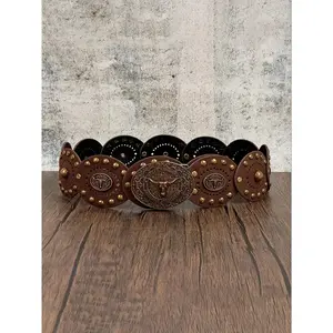 Women's Western Cowboy Style Wide Belt, PU Leather Patchwork, Antique Copper Rivets, Bohemian Carved Bull Head Buckle, Cowboy Cowgirl Belt