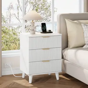 Wood 3 Drawers Dresser Fluted Night Stand With Charging Station, Storage Nightstand Modern Side Table, Bedside Table For Bedroom, Living Room Entryway, White