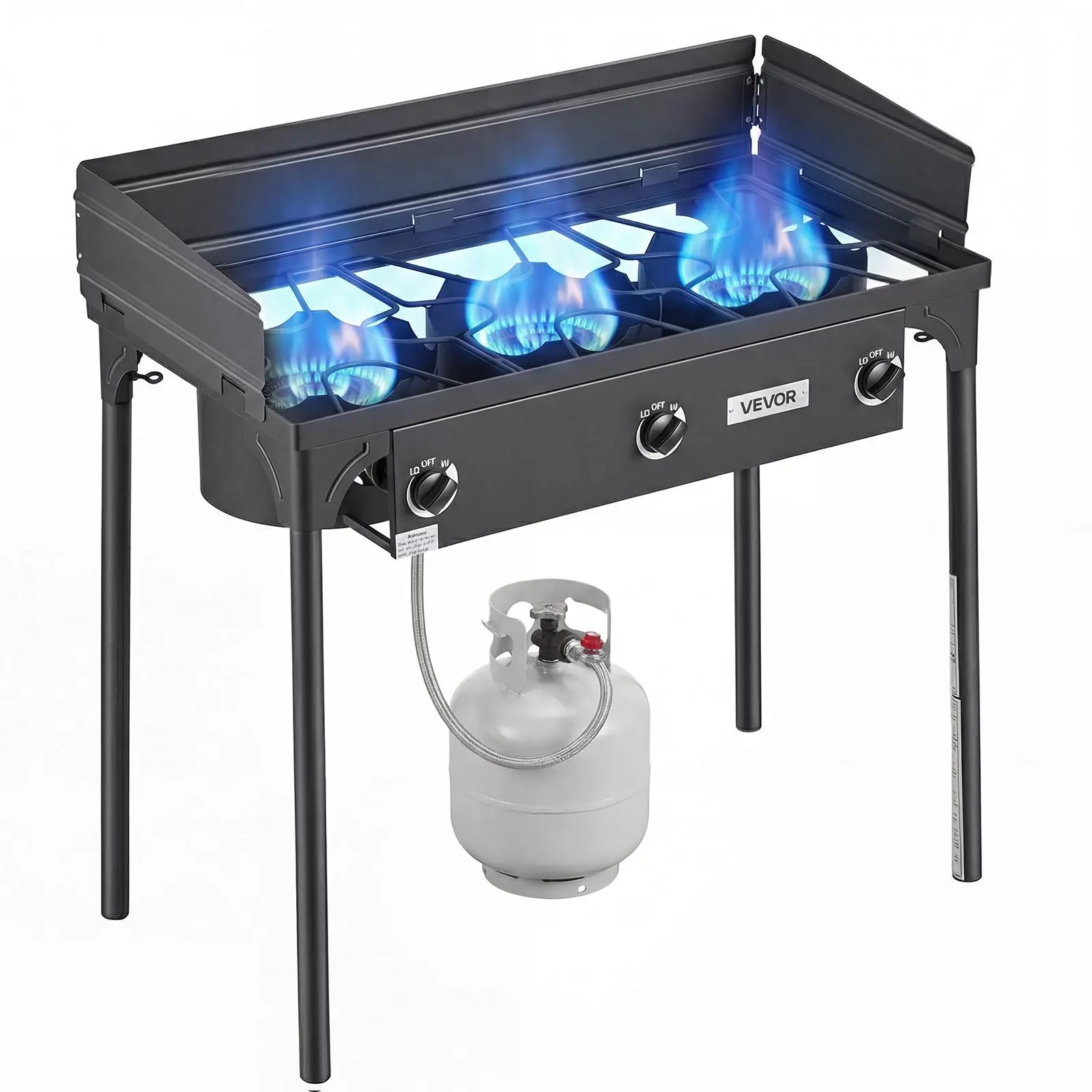 【SummerFinds】VEVOR 3 Burner Outdoor Propane Gas Stove, 225,000 BTU Propane LPG Gas Camping Stove, Heavy-duty Carbon Steel Outdoor Cooker, with Shield & Tall Stand & Regulator, for BBQ Camp Home Patio Backyard