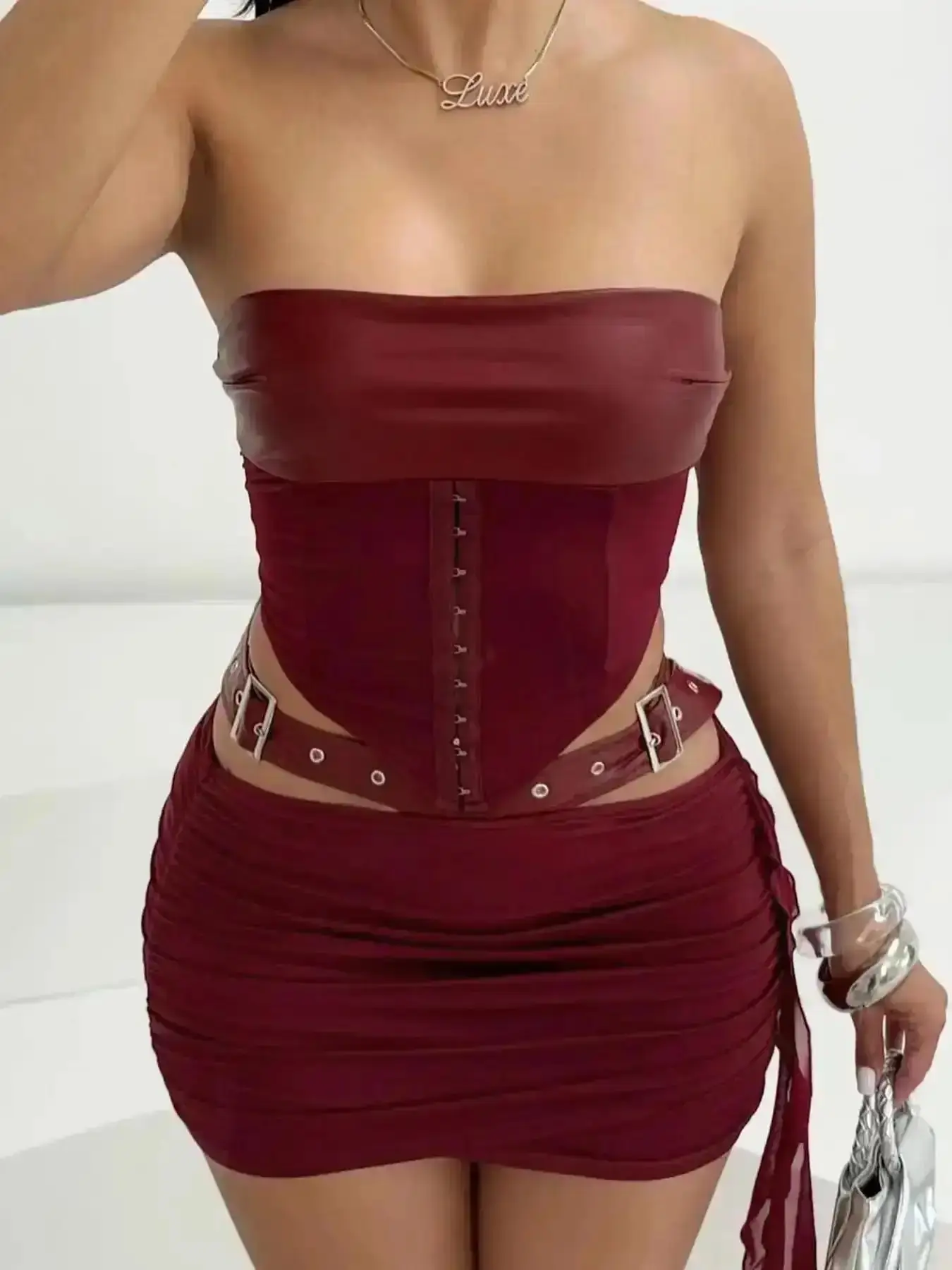 Fashion Women's Sexy Street Style Two-Piece Set, PU Leather & Mesh Bandeau Asymmetrical Crop Tube Top. Hollow-Out Buckle Side-Draped Bodycon Mini Skirt for Club and Rave Outfits., Comfy, Curve Hugging, Elevated Basics
