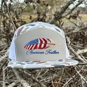 American Feather USA Flag Camo Hat | Patriotic Trucker Cap | Embroidered Hunting Outdoor Snapback | Gift For Him