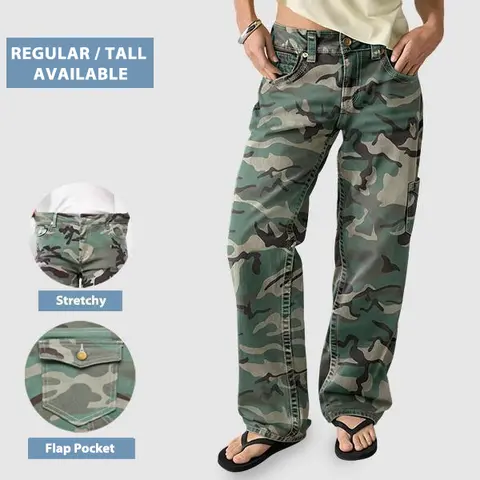 Flamingals Stretchy Camo Print Mid Rise Straight Leg Pants Womenswear