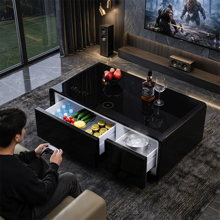 Built-in Fridge Coffee Table with Freezer Drawer, Wireless Charging Pad, Bluetooth Speaker for Man Cave, Modern Entertainment Furniture