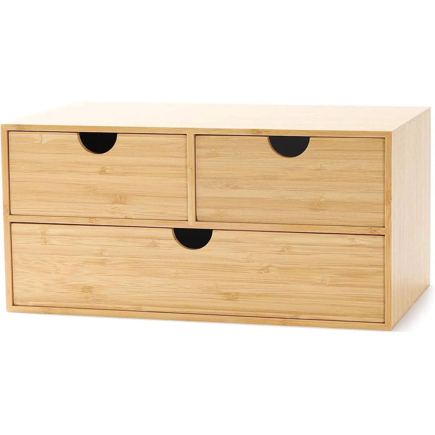 Bamboo Desk Organizer with Drawers, 3-Drawer Desktop Storage Box | 3 Drawers Open Top Tray Fully Assembled Stores Pens, Notes, Makeup, Jewelry & Toiletries for Office, Vanity & Bath